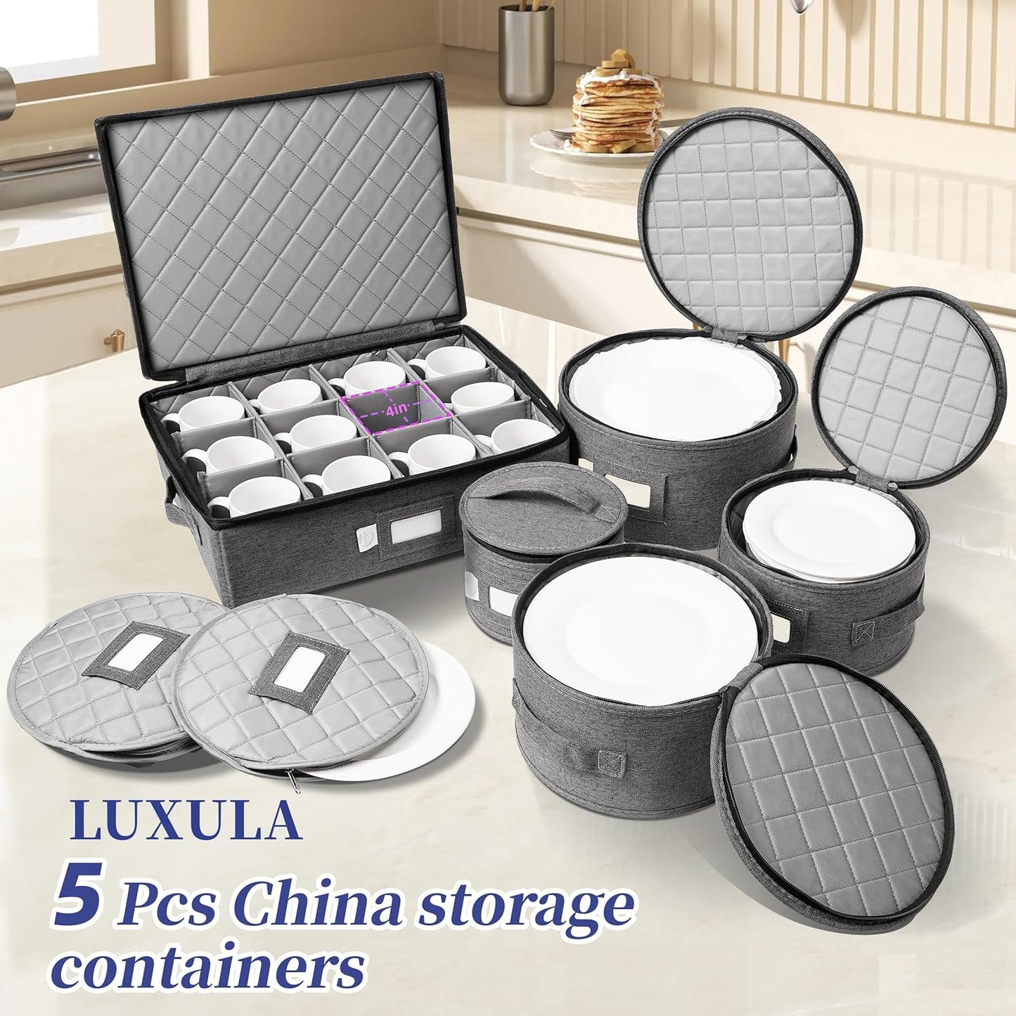 LUXULA China Storage Containers for 12 Place Setting with Two Plate Bags, 5 Pcs Hard Shell Quilted China Storage Cases for Dinner Plates, Salad Plates, Dessert Plates, Saucers, Cups & Mug Storage