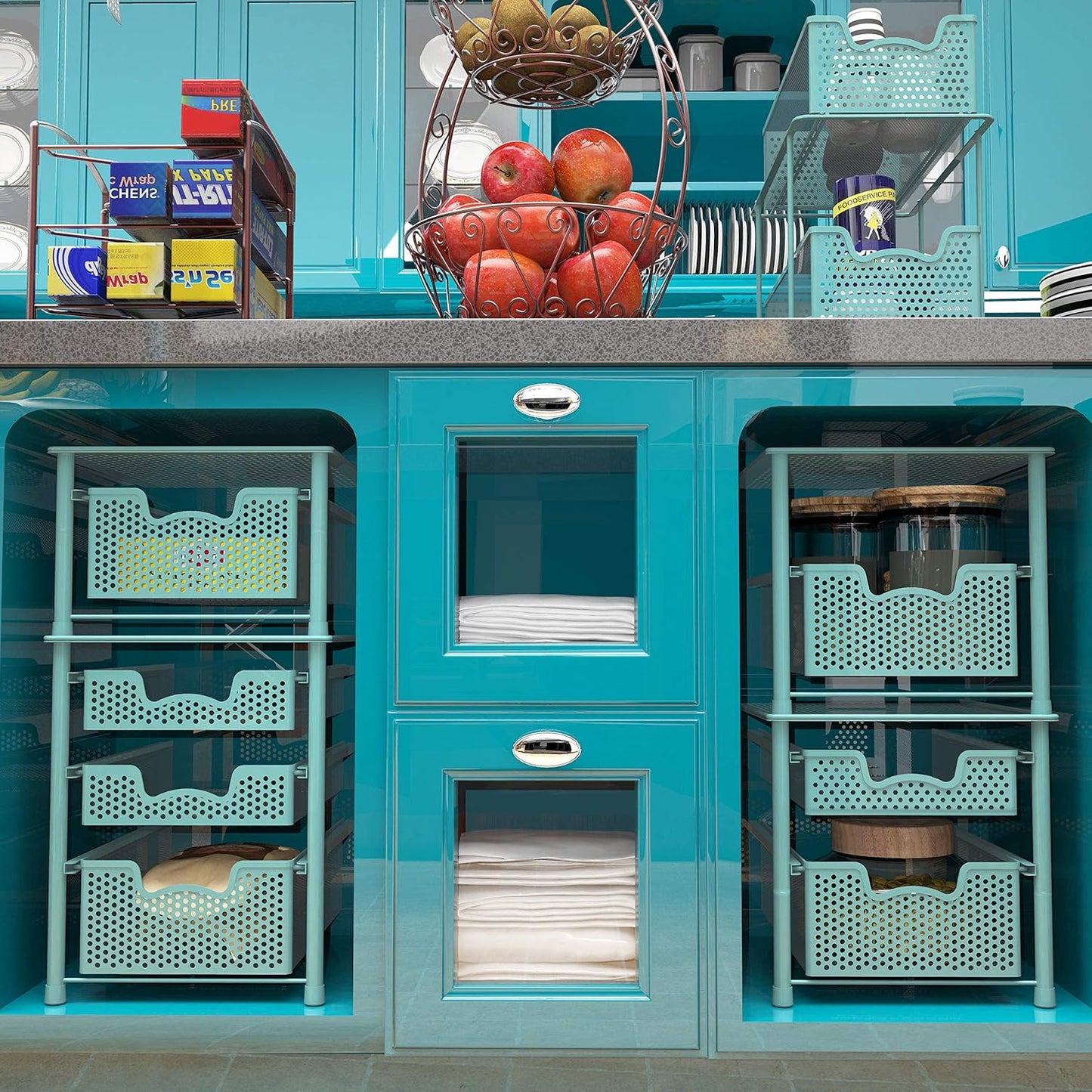 Simple Houseware Stackable 2 Tier Sliding Basket Organizer Drawer, Turquoise