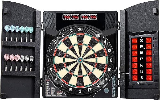 MD Sports Dartboard Cabinet Multiple Styles Electronic Dartboard With Digital X/O Cricket Scorekeeping and Dart Set, Perfect for Cricket Games