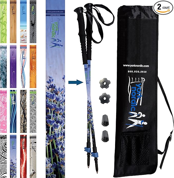 York Nordic Hiking & Walking Poles - Cushion Foam Grips w/Nordic Strap - Lightweight, Adjustable, and Great for Balance -2 Pieces w/Flip Locks, and Travel Bag - Heights 5'4"-6'2"