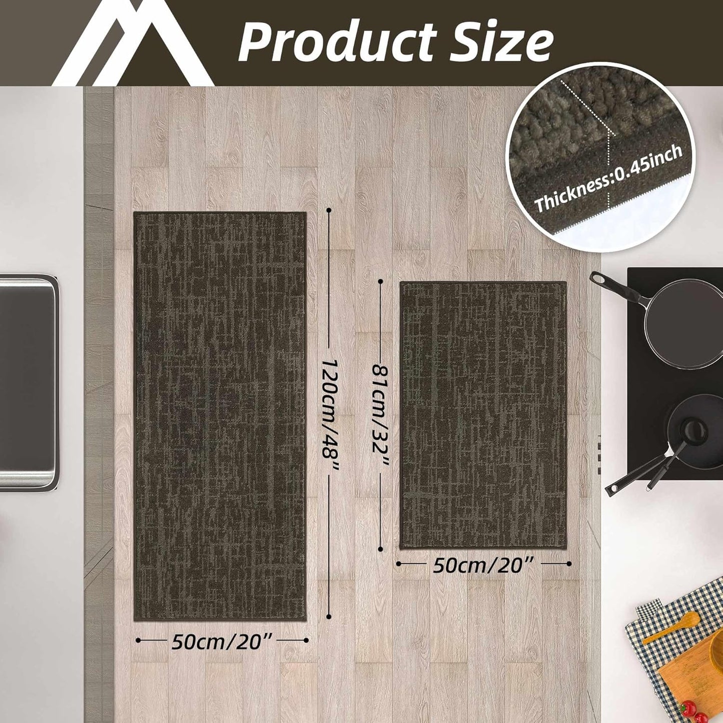 COSY HOMEER Kitchen Rugs 20"x32"+20"x48" Absorbent Soft Kitchen Mats for Floor Non Slip Kitchen Runner Rug Polyester Washable Kitchen Floor Mats for Sink Mat,Hallway,Laundry,Brown