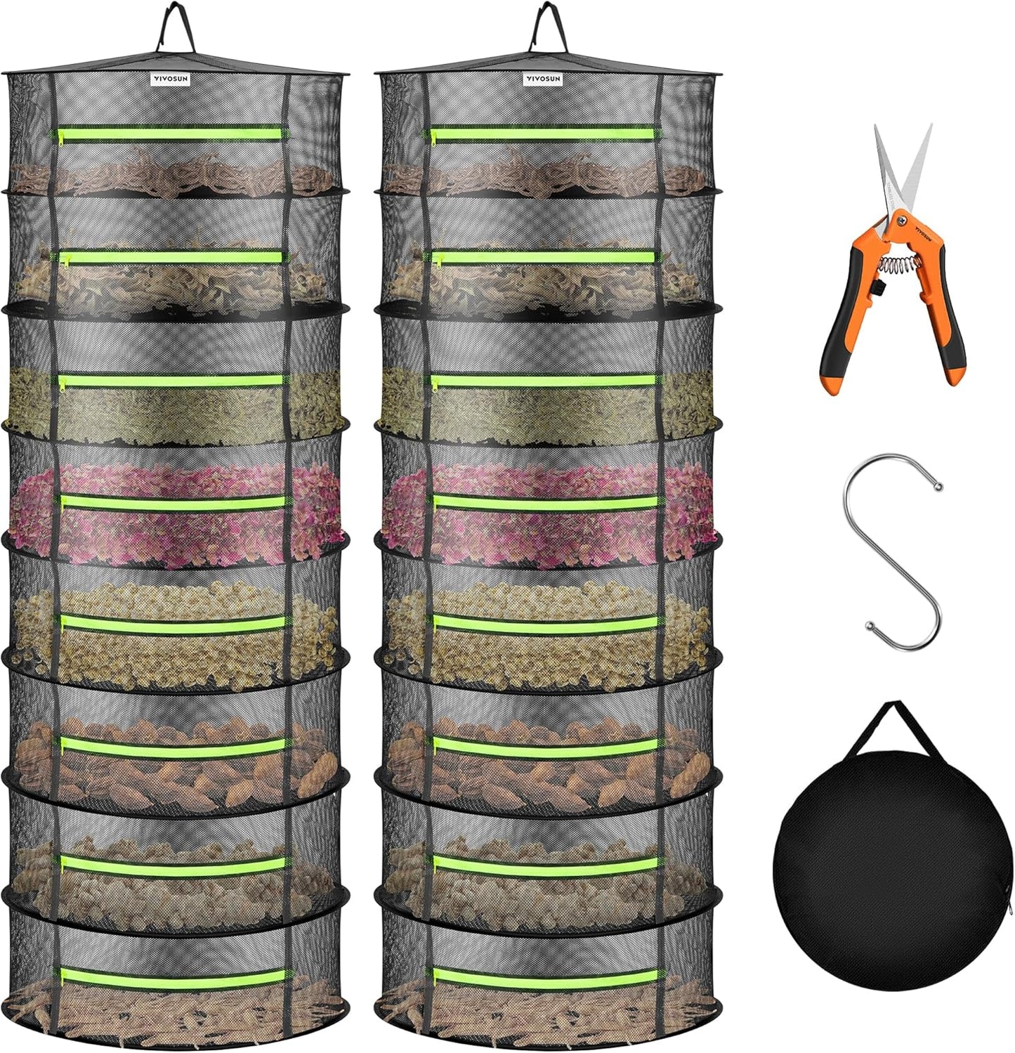 VIVOSUN 2-Pack 8-Layer Mesh Drying Rack Hanging Design with Green Zippers for Dehydrating, Indoor and Outdoor (Pruning Shears Included)