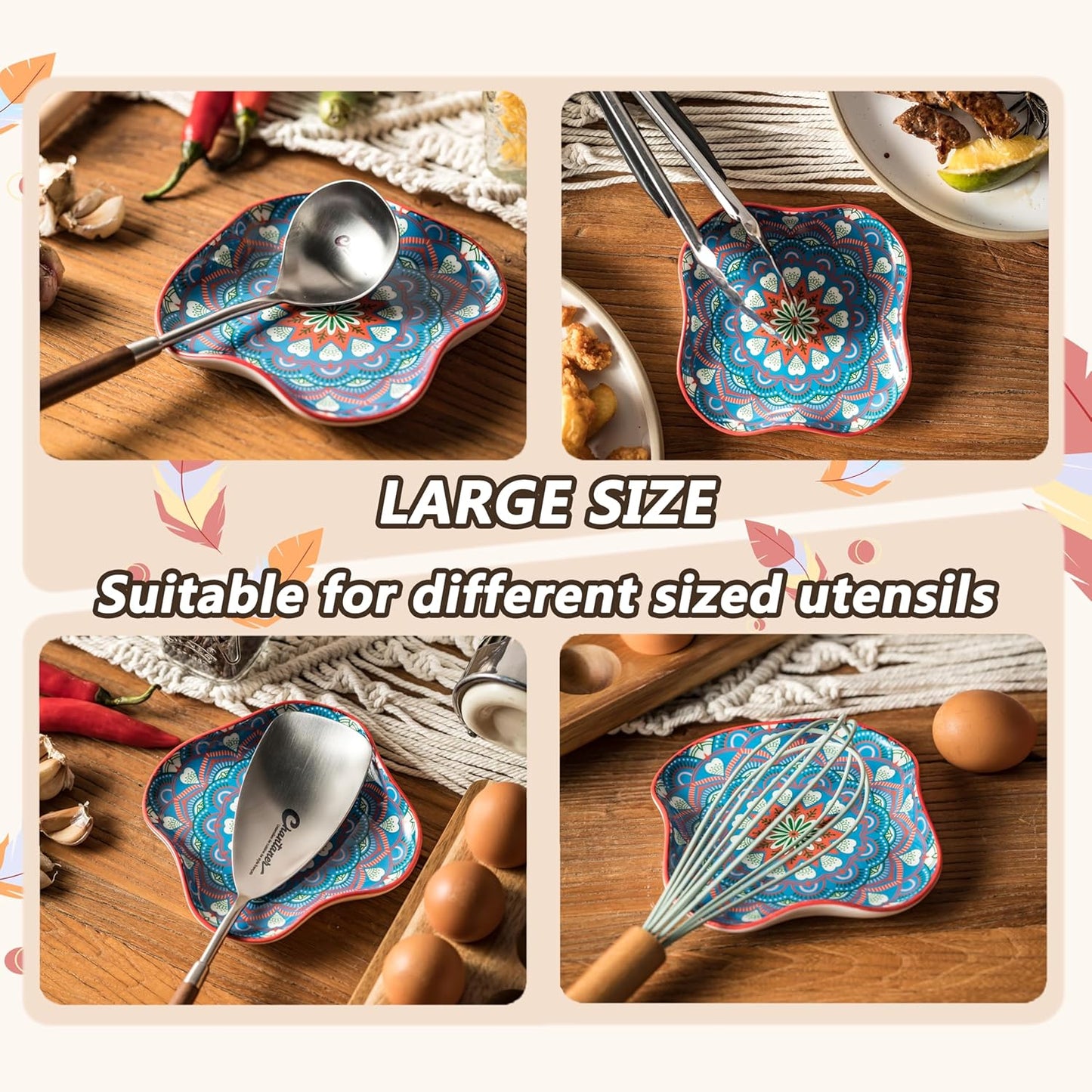 Spoon Rest for Stove Top, Bohemian Kitchen Gadgets, Ceramic Spoon Holder for Kitchen Countertop, Coffee Spoon Rest, Large Cooking Spatula Holder for Spoons, Ladles or Tongs, Blue and Red Boho