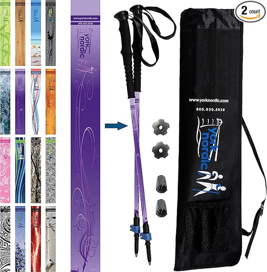 York Nordic Hiking & Walking Poles - Cushion Foam Grips w/Nordic Strap - Lightweight, Adjustable, and Great for Balance -2 Pieces w/Flip Locks, and Travel Bag - Heights 5'4"-6'2"