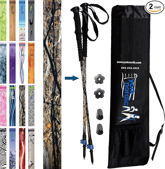 York Nordic Hiking & Walking Poles - Cushion Foam Grips w/Nordic Strap - Lightweight, Adjustable, and Great for Balance -2 Pieces w/Flip Locks, and Travel Bag - Heights 5'4"-6'2"