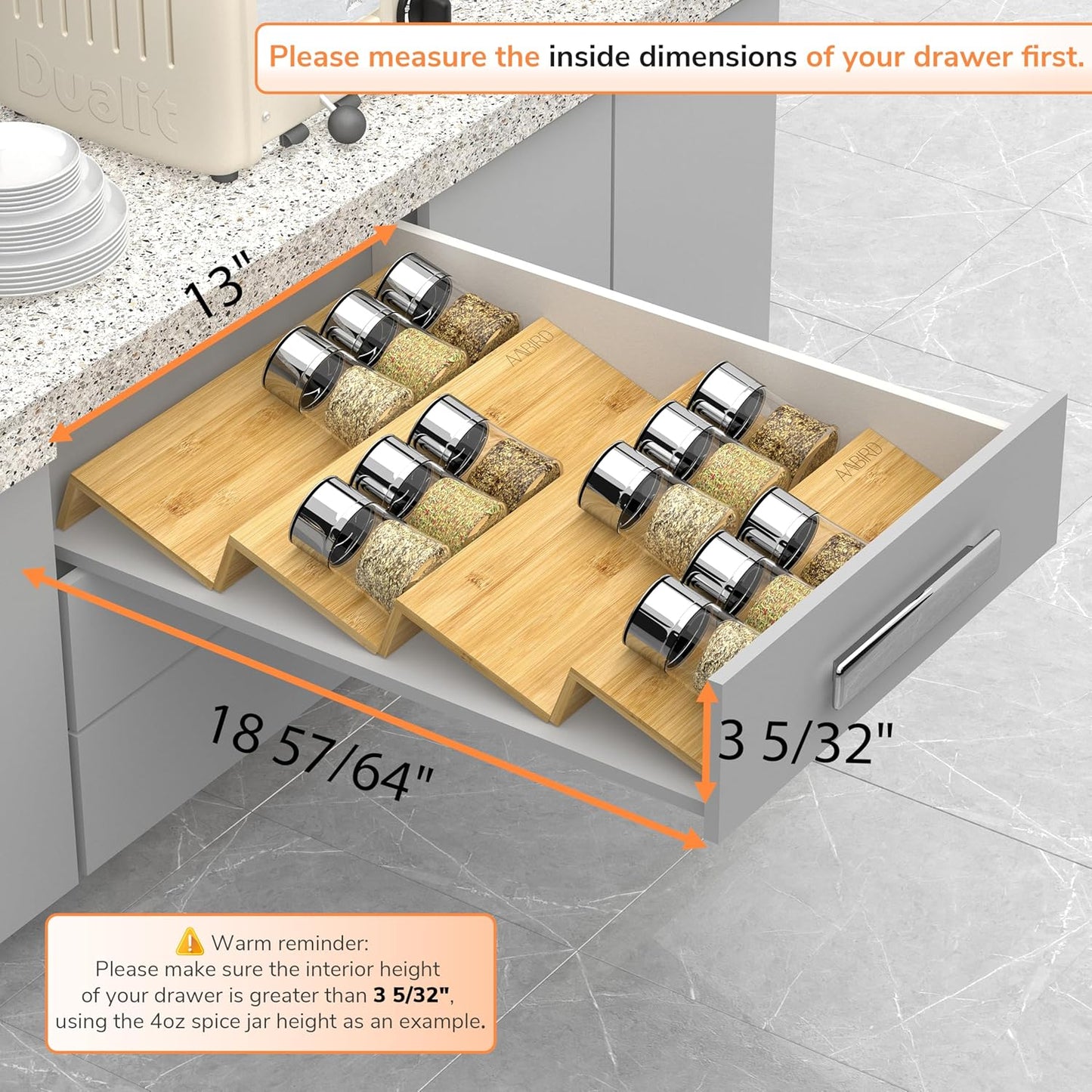 AMBIRD Bamboo Spice Drawer Organizer with Non-slip Mat, 4 Tier Jar Spice Rack Tray 13'',Seasoning Organizer for Kitchen,Cabinet,Drawers,Countertop
