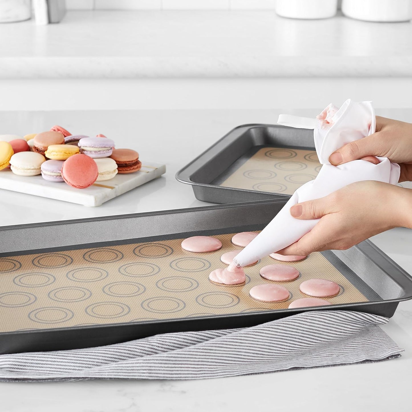 Amazon Basics Silicone Baking Mat for Macarons, Non-Stick, Food Safe, 16.5" x 11.6", Beige/Gray, Pack of 2