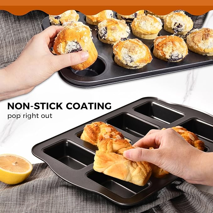 HONGBAKE Nonstick Muffin Pan 12 Cup and Mini Loaf Pans 8 Cavity, Cupcake Tin for Baking and Small Banana Bread Tray - Grey