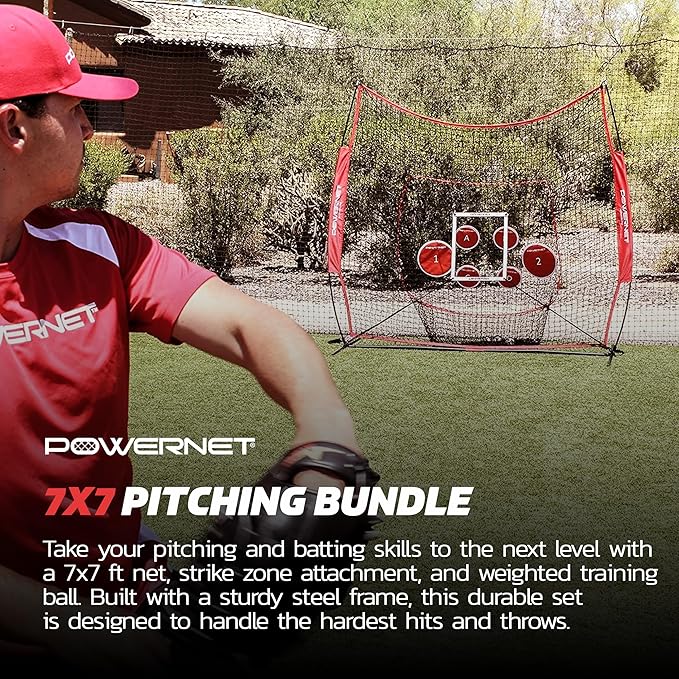 PowerNet Pitching Bundle, Baseball Net with Pitch Perfect Targets & Strike Zone Attachment, Weighted Ball, Softball Baseball Training Equipment to Increase Pitching Accuracy, 3 Net Sizes