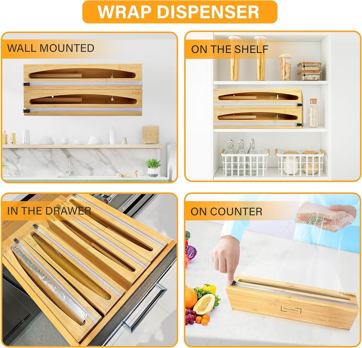 Wrap Organizer Dispenser with Cutter, (2 Piece Set), Fits 12" Rolls, Plastic Wrap, Aluminum Foil, Wax Paper, Saran Wrap, Cling Wrap Holder for Kitchen Storage, Mountable, Bamboo