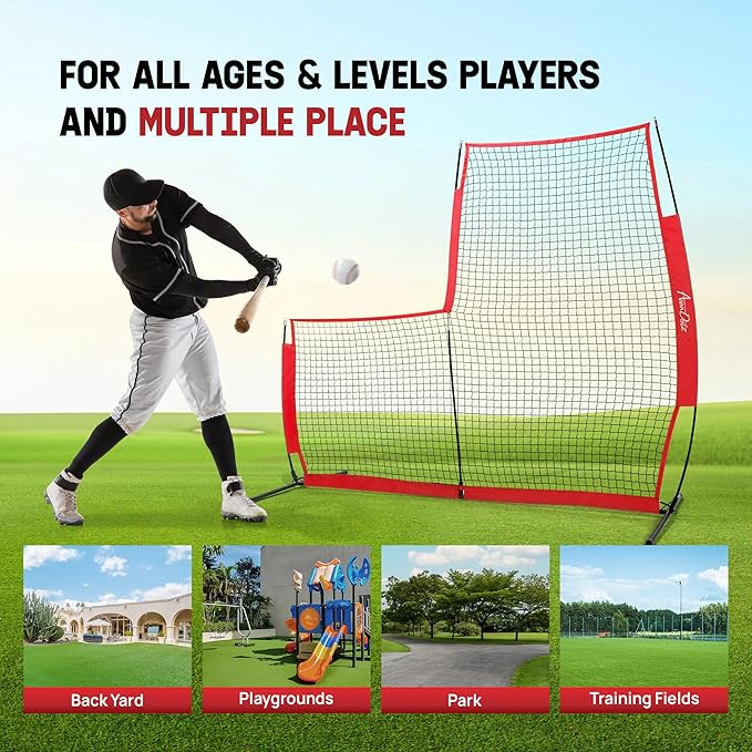 Yes4All Portable L-Screen Baseball 7x7ft with 2 Baseballs, Rubber Wheels - L Screen Baseball for Batting Cage, Protective Pitching Screen Net Double Layers, Carry Bag Included