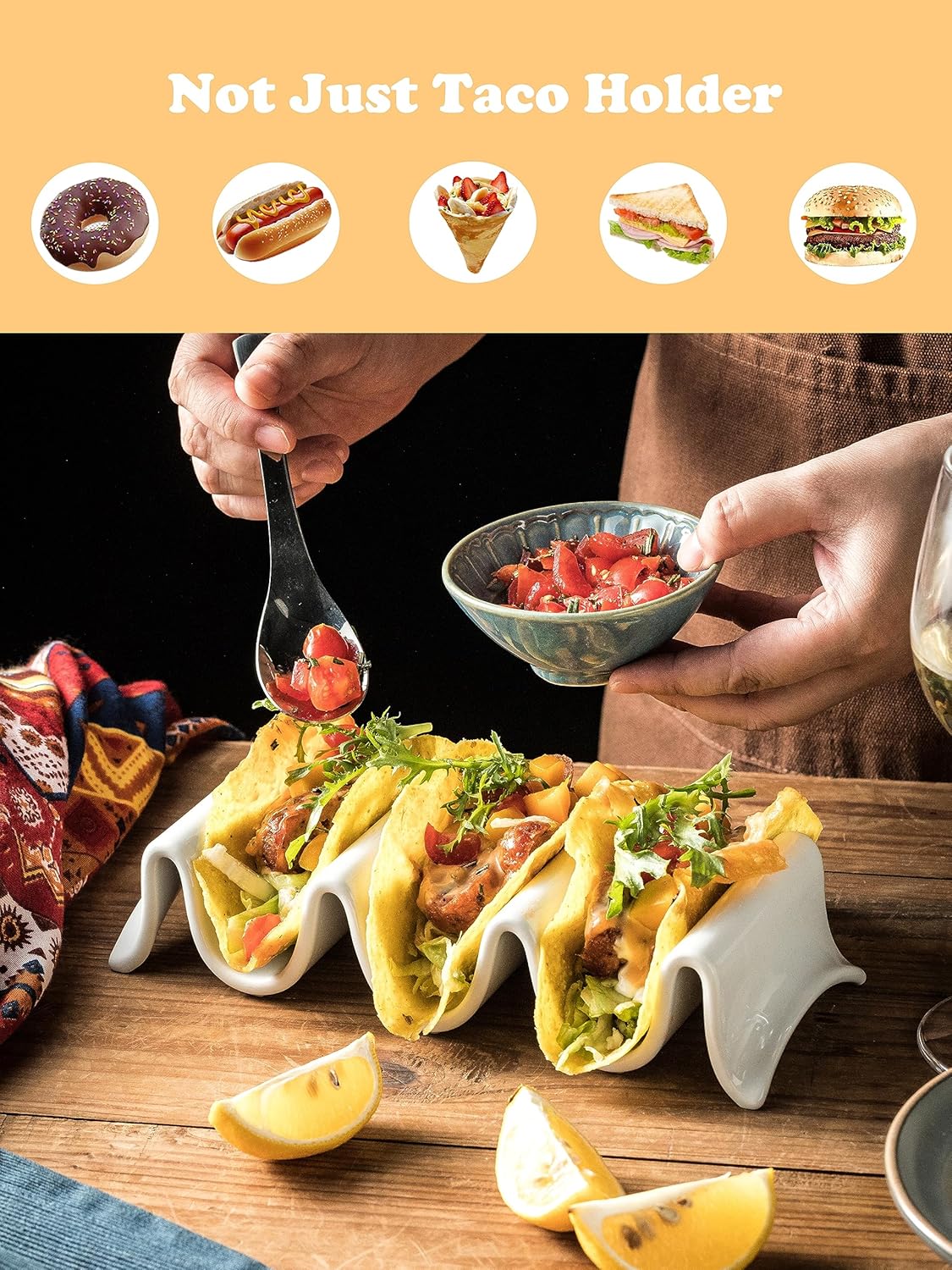 Taco Holders Set of 2, Porcelain Large Taco Tray with Handles, Reusable and Stackable Taco Plates, Perfect for Burritos and Tortillas Holder Handles, Oven & Microwave Safe
