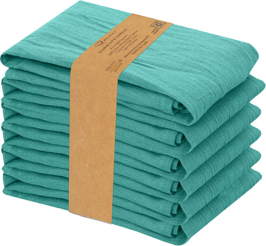 RUVANTI Flour Sack Towels 6 Pack 28x28 Inch, 100% Cotton Tea Towel, Reusable, Machine Washable, Absorbent BarTowels - Dish Cloth Perfect for Drying Dishes & Cleaning - Turquoise