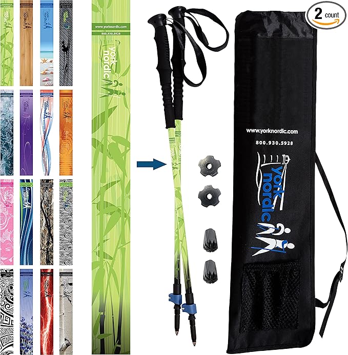 York Nordic Hiking & Walking Poles - Cushion Foam Grips w/Nordic Strap - Lightweight, Adjustable, and Great for Balance -2 Pieces w/Flip Locks, and Travel Bag - Heights 5'4"-6'2"