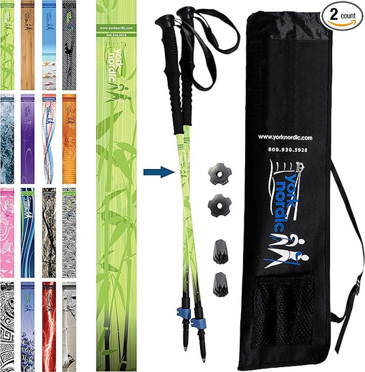 York Nordic Hiking & Walking Poles - Cushion Foam Grips w/Nordic Strap - Lightweight, Adjustable, and Great for Balance -2 Pieces w/Flip Locks, and Travel Bag - Heights 5'4"-6'2"