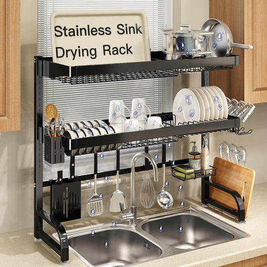 3 Tier Extra Large Stainless Steel Expandable Over The Sink Dish Drainer Drying Rack, Rust Proof Metal, Space Saving, Modern Black Big Capacity Extendable Plate Strainers Above Kitchen Counter
