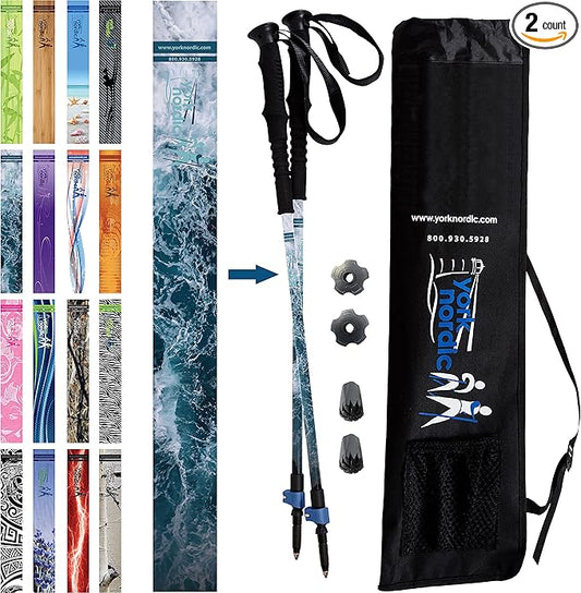 York Nordic Hiking & Walking Poles - Cushion Foam Grips w/Nordic Strap - Lightweight, Adjustable, and Great for Balance -2 Pieces w/Flip Locks, and Travel Bag - Heights 5'4"-6'2"
