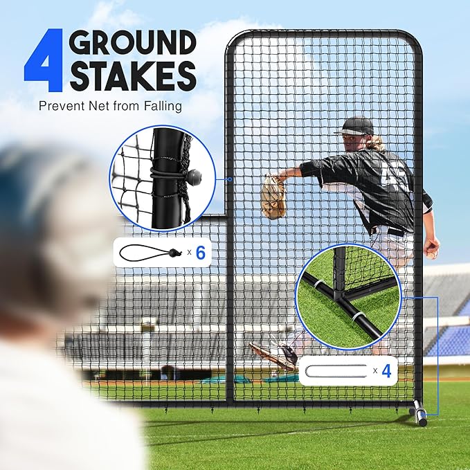 Yes4All Portable L-Screen Baseball 7x7ft with 2 Baseballs, Rubber Wheels - L Screen Baseball for Batting Cage, Protective Pitching Screen Net Double Layers, Carry Bag Included