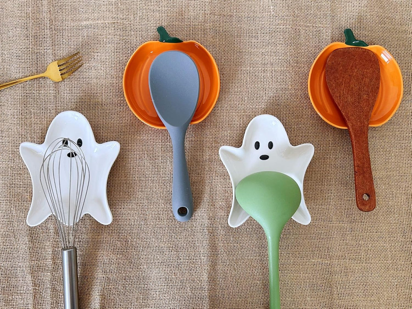 Ceramic Spoon Rest for Stove Top, Halloween Pumpkin Cute Spoon Rest for Kitchen Counter, Cooking Spoon Holder for Kitchen Counter, Utensil Rest Spatula Rest Ladle Holder Tong Rest (Orange)