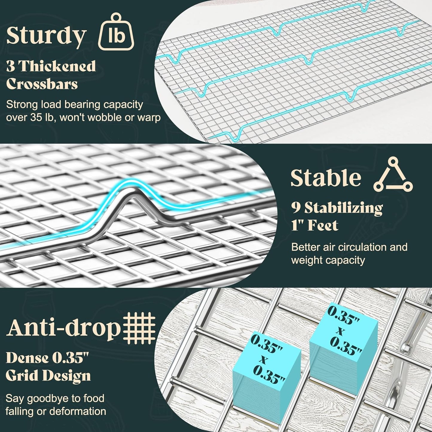 Cooling Racks for Cooking and Baking-11.5"x16.5" Oven Safe Premium Stainless Steel Heavy Duty Baking Rack Tight-Wire, Fits Half Sheet Pan for Roasting & Grilling & Cooking-1 Pack-Heavy Duty