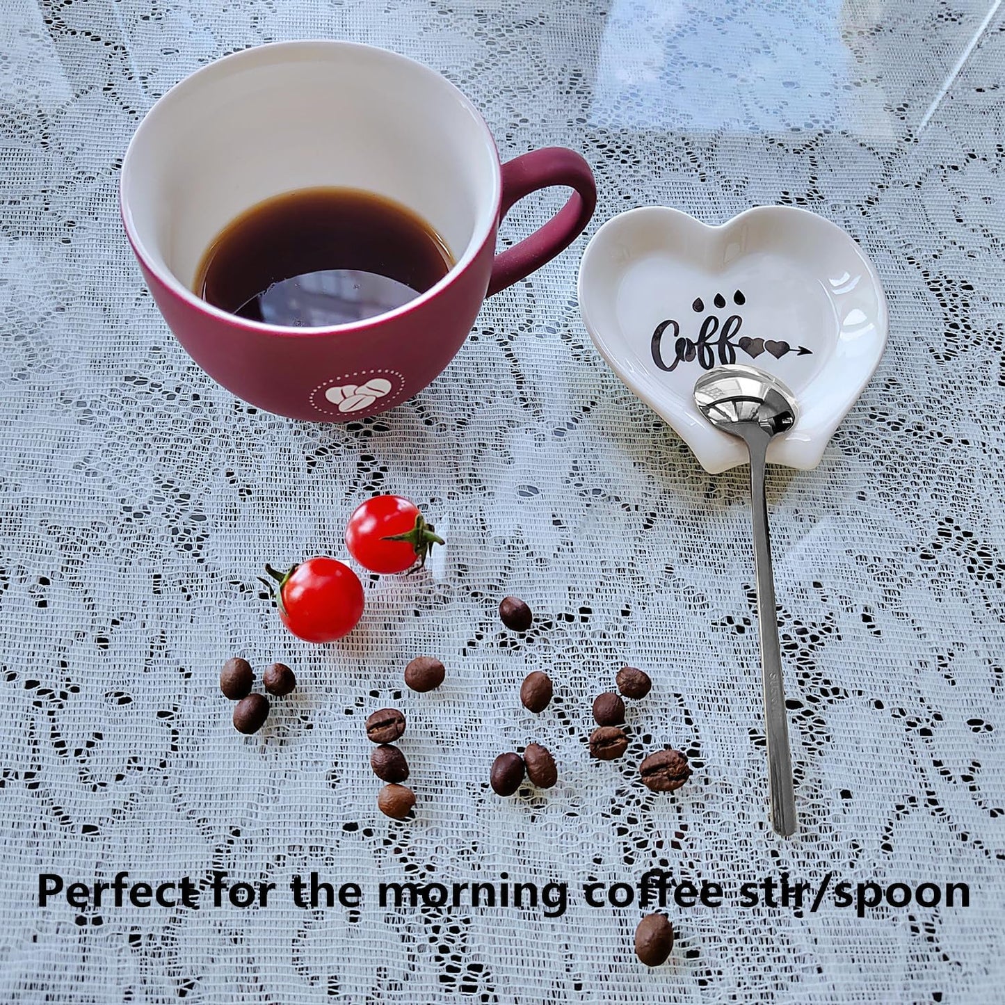 Heart-shaped Coffee Spoon Rest, Mini Coffee Spoon Holder, Small Ceramic Spoon Rest for Coffee Stirrers, Teaspoon, Bar Spoon, Coffee Bar Accessories, Coffee Station (White+Sliver spoon)