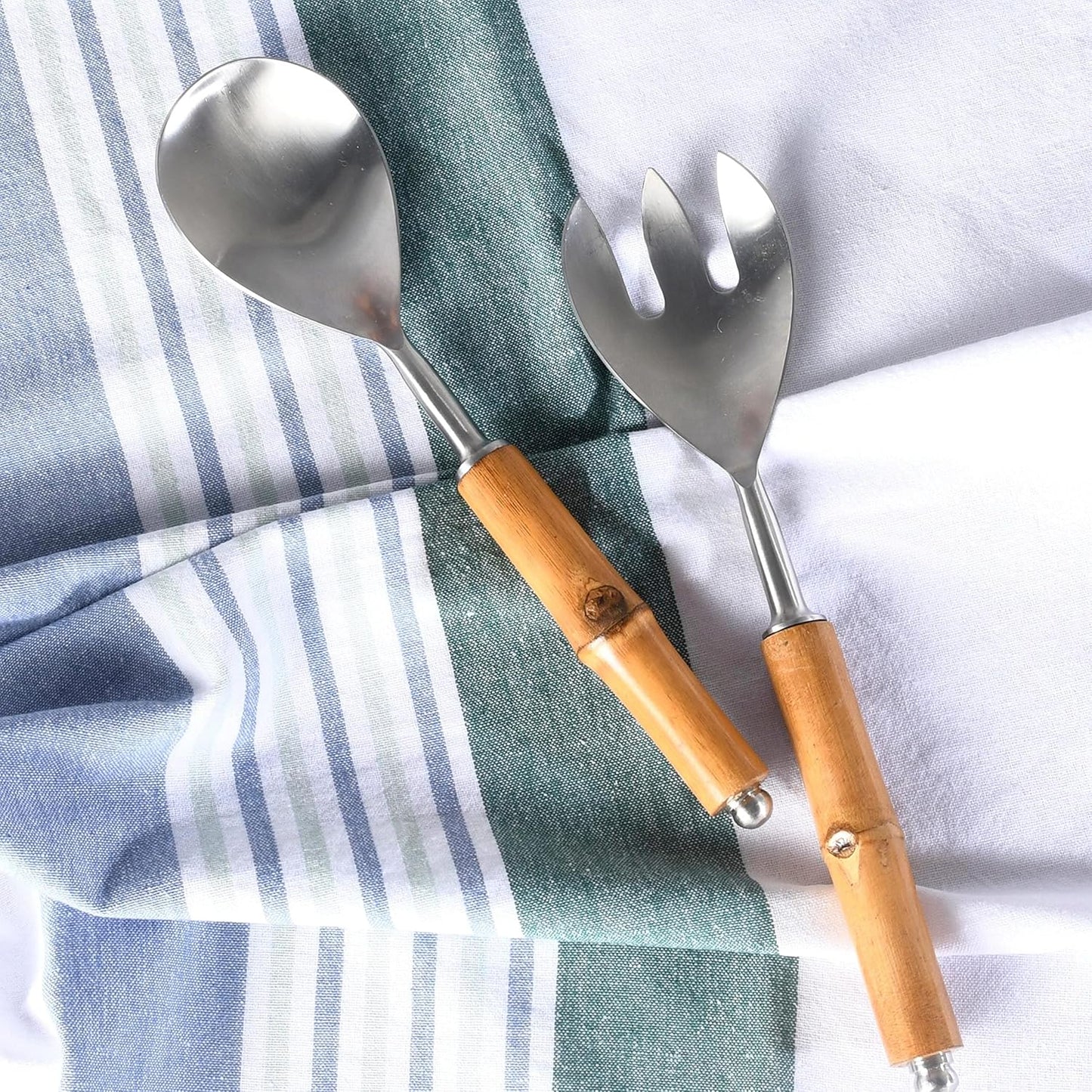 Folkulture Serving Utensils for Modern Cooking, Stainless Steel Salad Servers or Tongs, 12 Inch Tosser, Spoon and Fork Set With Bamboo Handle, Silver