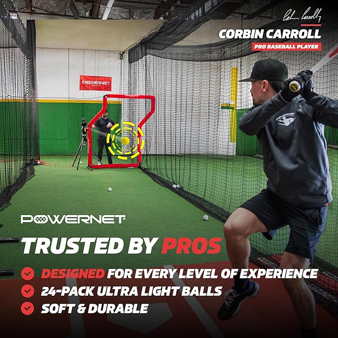 PowerNet Launch F-lite Softball & Baseball Pitching Machine, Dimpled Practice Balls, Bucket of Baseballs, Coaching Bucket Bundle for Pitching Machine, Baseball Training Equipment