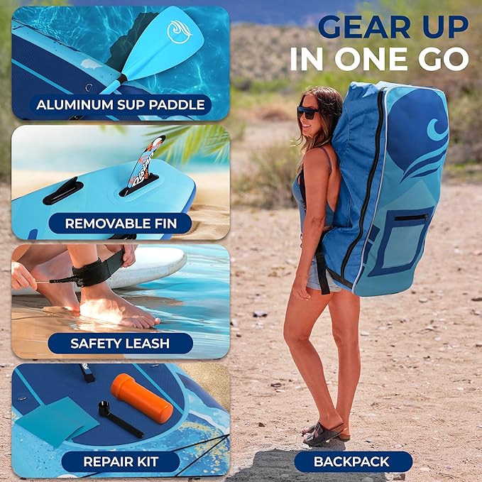 SereneLife Inflatable Stand Up Paddle Board with Premium SUP Accessories – Wide Stable Design with Non-Slip EVA Deck Pad for Adults and Youth of All Skill Levels, 350 lbs Capacity