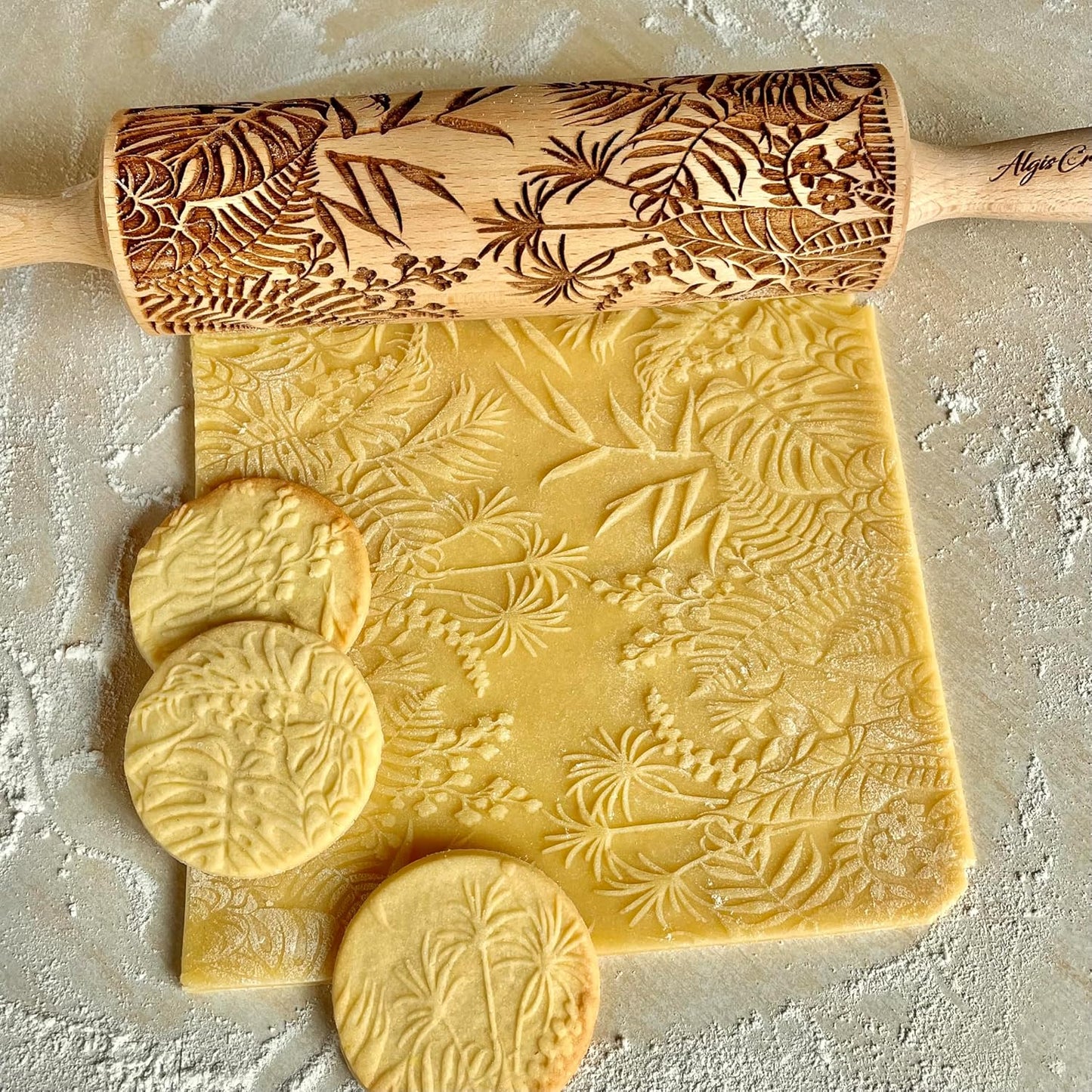 JUNGLE embossing rolling pin with Tropical Pattern. Dough roller for embossed cookies and Pottery by Algis Crafts