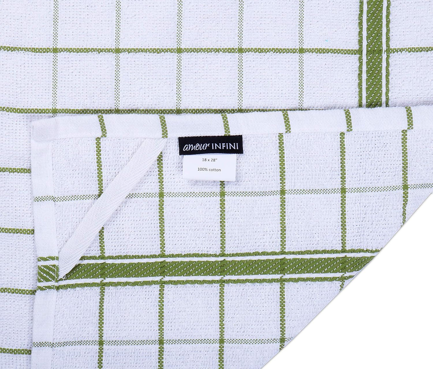 AMOUR INFINI Terry Cotton Kitchen Towels 4-Pack - Large 18 x 28 Inch, Absorbent & Soft Dish Towel with Hanging Loop, Washable Ideal for Cleaning, Drying (Green)