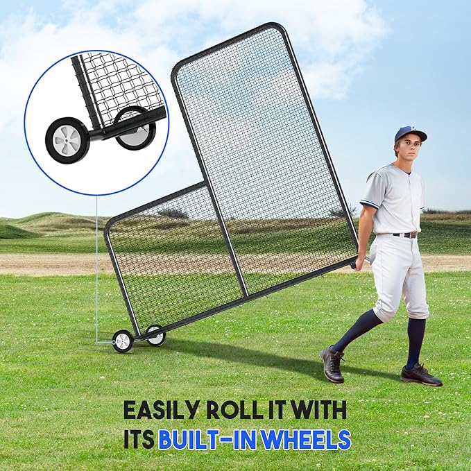 Yes4All Portable L-Screen Baseball 7x7ft with 2 Baseballs, Rubber Wheels - L Screen Baseball for Batting Cage, Protective Pitching Screen Net Double Layers, Carry Bag Included
