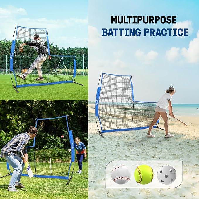 Yes4All Portable L-Screen Baseball 7x7ft with 2 Baseballs, Rubber Wheels - L Screen Baseball for Batting Cage, Protective Pitching Screen Net Double Layers, Carry Bag Included