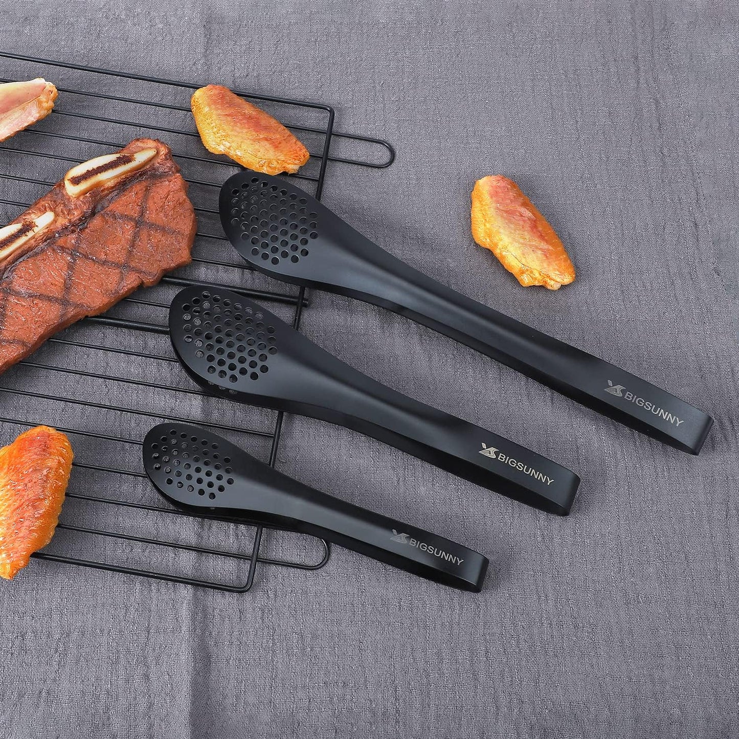 MSY BIGSUNNY Kitchen Buffet Tongs - Heavy Duty Food Serving Set for Cooking, BBQ - Metal Salad Tongs Set of 3 (Black 7" 9" & 11")