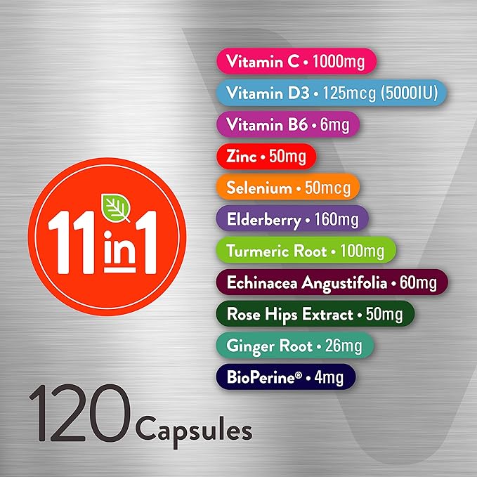 VITEEY 11 in 1 Immune Support Supplement - Immune Defense with Vitamin D3, B6, Echinacea, Turmeric, Rose-HIPS, Selenium, BioPerine, Ginger, Elderberry Vitamin C and Zinc - 120 Count
