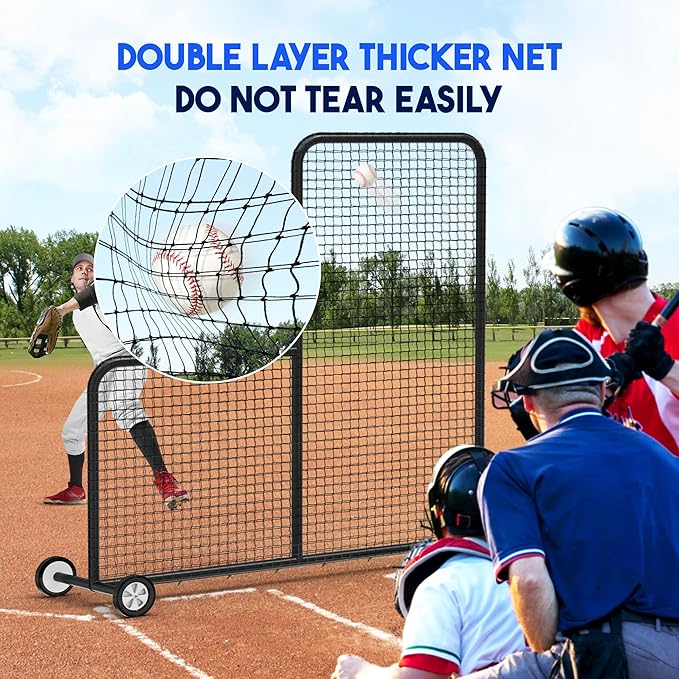 Yes4All Portable L-Screen Baseball 7x7ft with 2 Baseballs, Rubber Wheels - L Screen Baseball for Batting Cage, Protective Pitching Screen Net Double Layers, Carry Bag Included