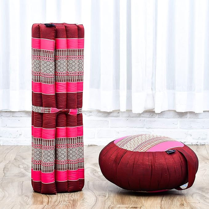 Leewadee Meditation Cushion Set – 1 Round Zafu Meditation Pillow and 1 Square Roll-Up Zabuton Meditation Mat, Pillows Bundle Filled with Kapok