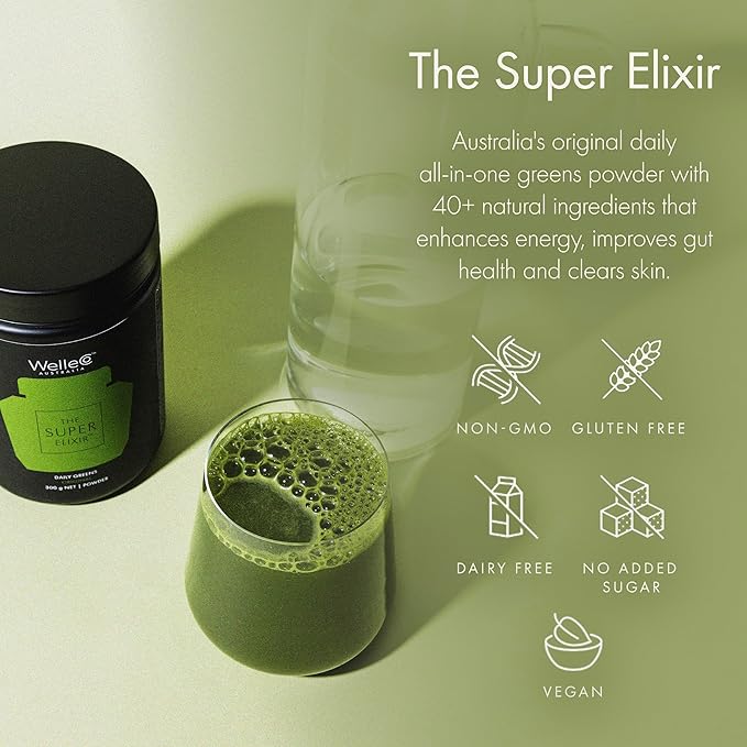 WelleCo The Super Elixir Daily Greens Powder, Probiotic Drink Mix with Whole Foods, Gluten Free, Vegan Gut Health Powder, Energy, Immunity, Healthy Skin, Hair & Nails (300g, Pineapple & Lime Jar)