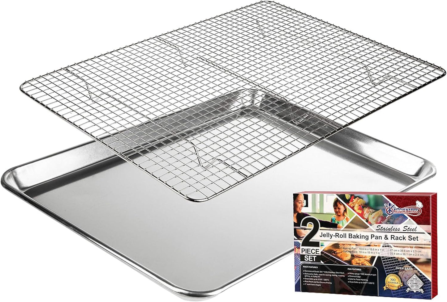KITCHENATICS Aluminum Jelly Roll Pan 15x10 and Stainless Steel Rack Set, Baking Pan with Rack for Oven Cooking, Baking Sheet with Cooling Rack - Heavy Duty Sheet Pan and Bacon Rack