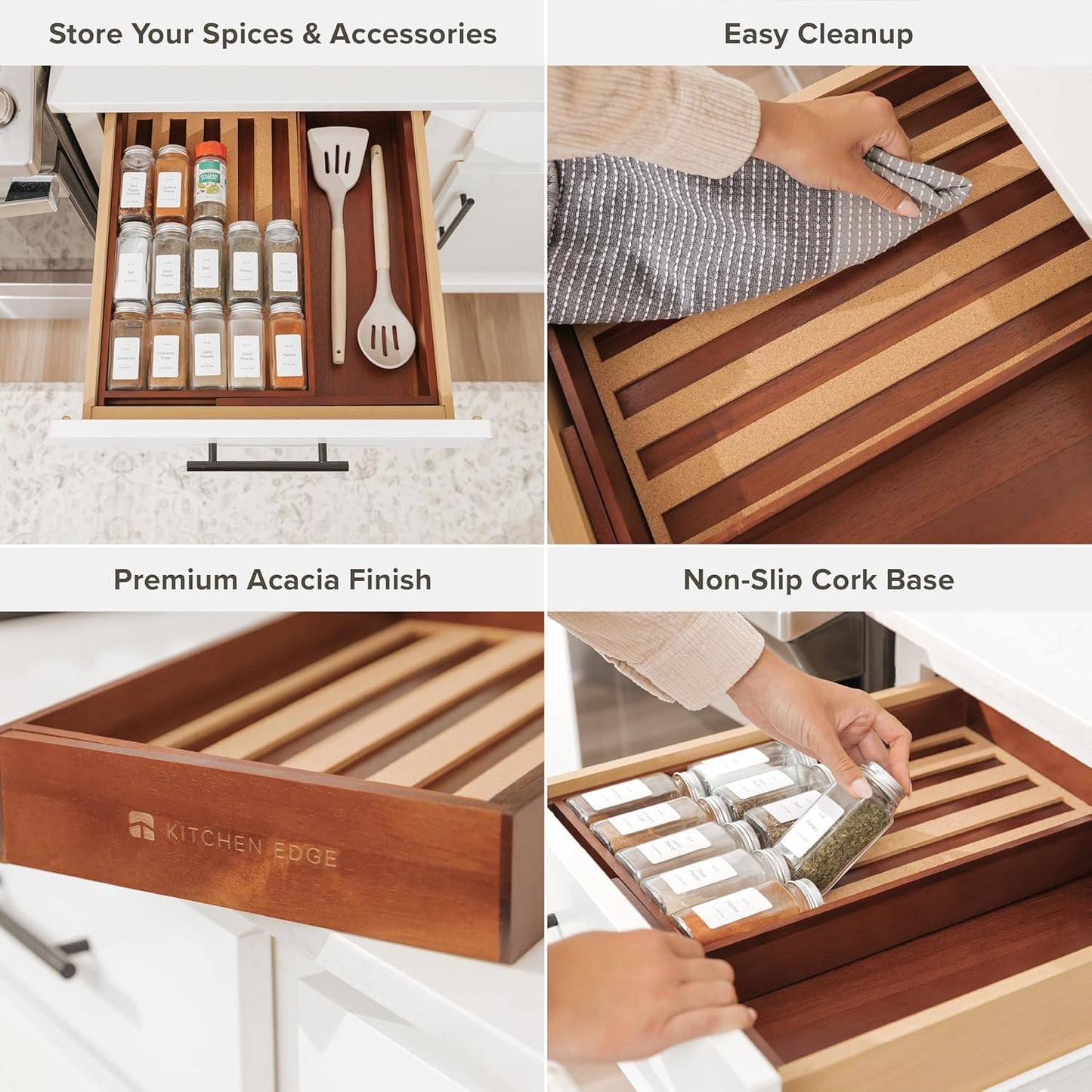 KitchenEdge Spice Drawer Organizer with Expandable Storage. Holds up to 15 Spice Jars (Not Included), Non-Slip Feet, Kitchen Accessory Storage, 100% Sustainable Bamboo Wood (Natural Acacia)