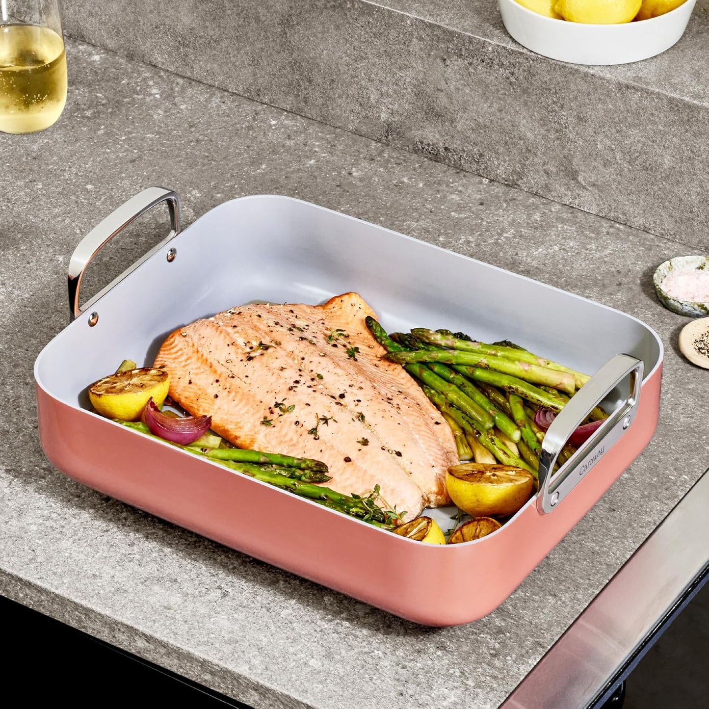 Caraway Roasting Pan - 16x13” Roasting Pan with Rack - Non-Stick Ceramic Coated - Non Toxic, PTFE & PFOA Free - Oven Safe & Compatible with All Stovetops - Gray