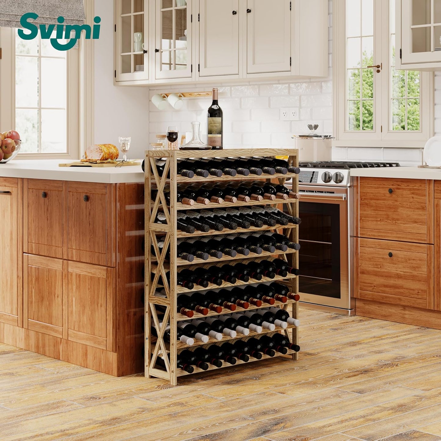 Solid Wood Wine Storage Racks with Tabletop, Free Standing Floor Wooden Wine Rack, Premium Wine Storage Rack Display and Organizing for Kitchen and Cellar 8 Tier 72 Bottles