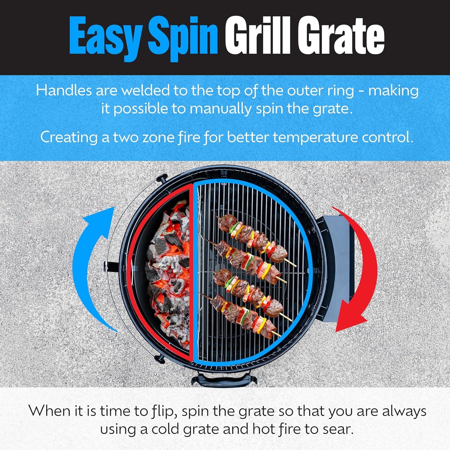 SnS Grills EasySpin Charcoal Grill Cooking Grate, 304 Stainless Steel, Large Hinged Opening, Perfect for 2-Zone Cooking, Replacement Grate Compatible with Weber & Other Grills - Fits 22” Kettles