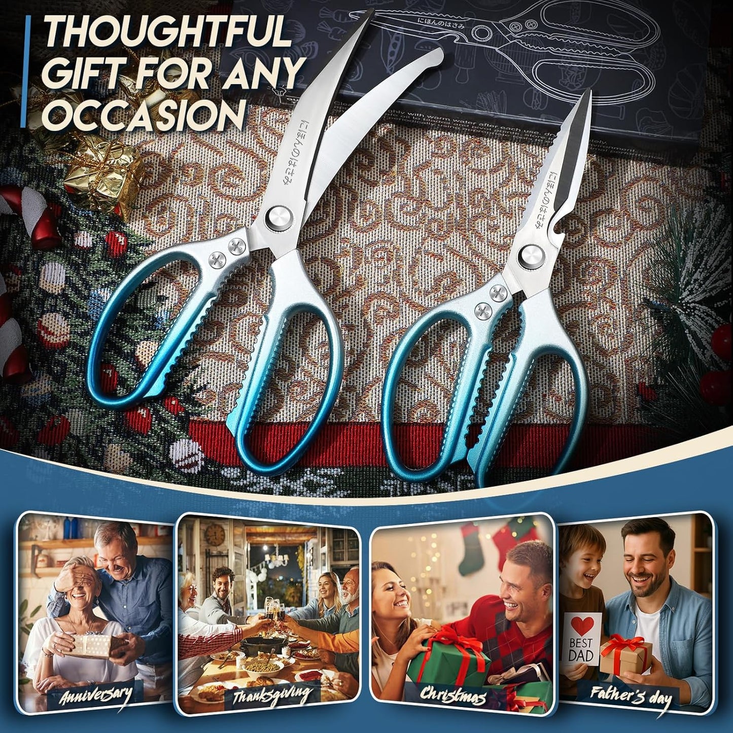 TIJERAS Kitchen Scissors Set Blue - Stainless Steel Kitchen Shear, Sharp Meat Scissors Dishwasher Safe, Heavy Duty Poultry Shears, Japanese Cooking Scissor for Food, Chicken Bones, and Turkey