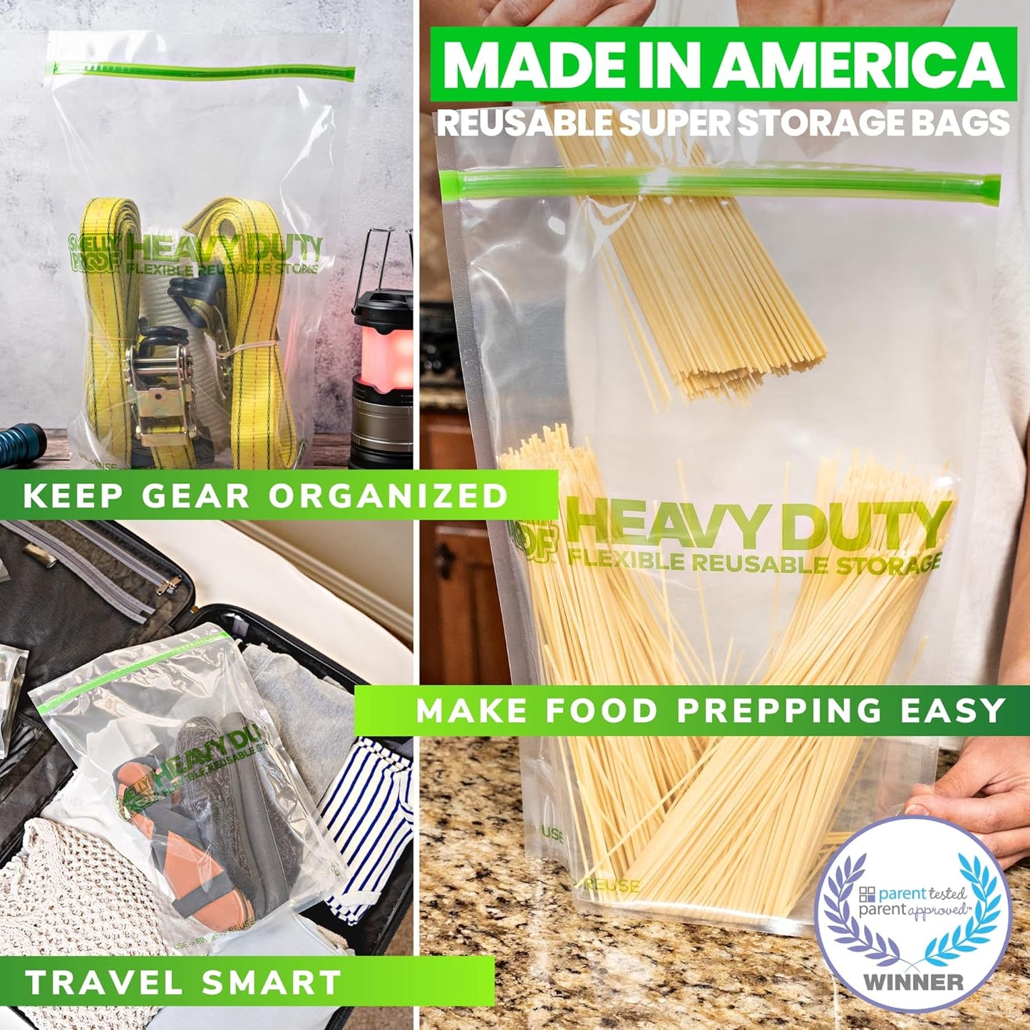 Smelly Proof HEAVY DUTY Reusable STAND-UP Bags for Food Storage, USA Made, NO PEVA & BPA FREE, Reusable Freezer Bags, Dishwasher-Safe, Triple Zip, CLEAR 5-mils XXL 2-Gallon 12" x 16" - 5pk