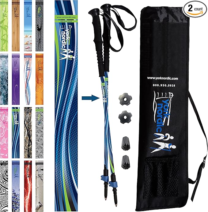 York Nordic Hiking & Walking Poles - Cushion Foam Grips w/Nordic Strap - Lightweight, Adjustable, and Great for Balance -2 Pieces w/Flip Locks, and Travel Bag - Heights 5'4"-6'2"