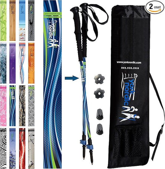 York Nordic Hiking & Walking Poles - Cushion Foam Grips w/Nordic Strap - Lightweight, Adjustable, and Great for Balance -2 Pieces w/Flip Locks, and Travel Bag - Heights 5'4"-6'2"