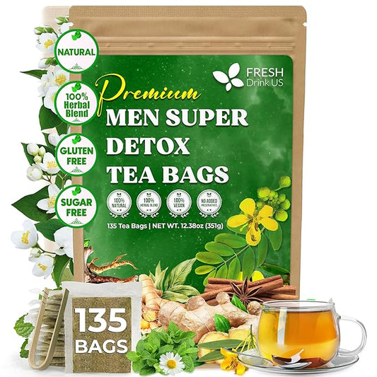 FreshDrinkUS, Premium 135 Tea Bags Men Super Detox Tea – Herbal Blend with Senna, Dandelion Root, Ginger, Peppermint & More – 100% Natural, Sugar-Free. Caffeine-Free. Gluten-Free. Vegan