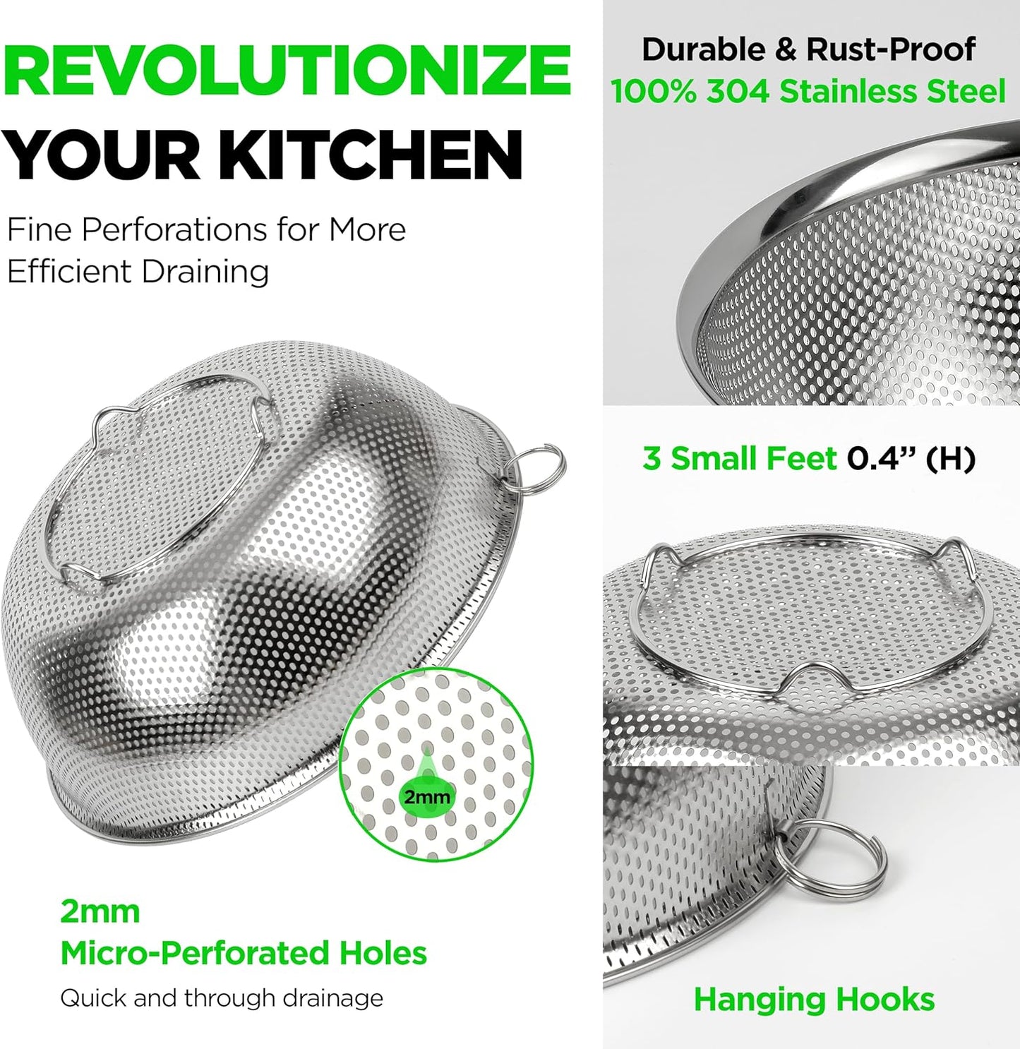 Premium 18/8 304 Stainless Steel Micro-Perforated Small and Big Colander Set of 4 with rings - 3.5-5.5-7.5-9.5 Quart Set, Self-Draining Solid Base for Pasta, Fruits, Vegetables