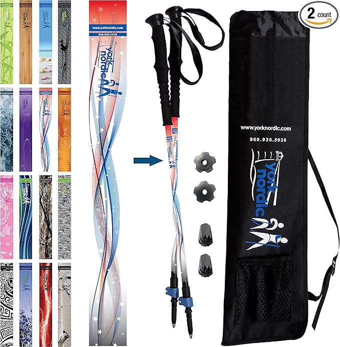 York Nordic Hiking & Walking Poles - Cushion Foam Grips w/Nordic Strap - Lightweight, Adjustable, and Great for Balance -2 Pieces w/Flip Locks, and Travel Bag - Heights 5'4"-6'2"