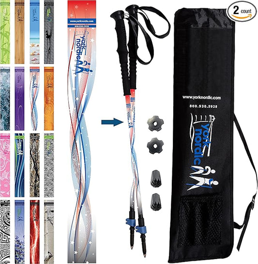 York Nordic Hiking & Walking Poles - Cushion Foam Grips w/Nordic Strap - Lightweight, Adjustable, and Great for Balance -2 Pieces w/Flip Locks, and Travel Bag - Heights 5'4"-6'2"